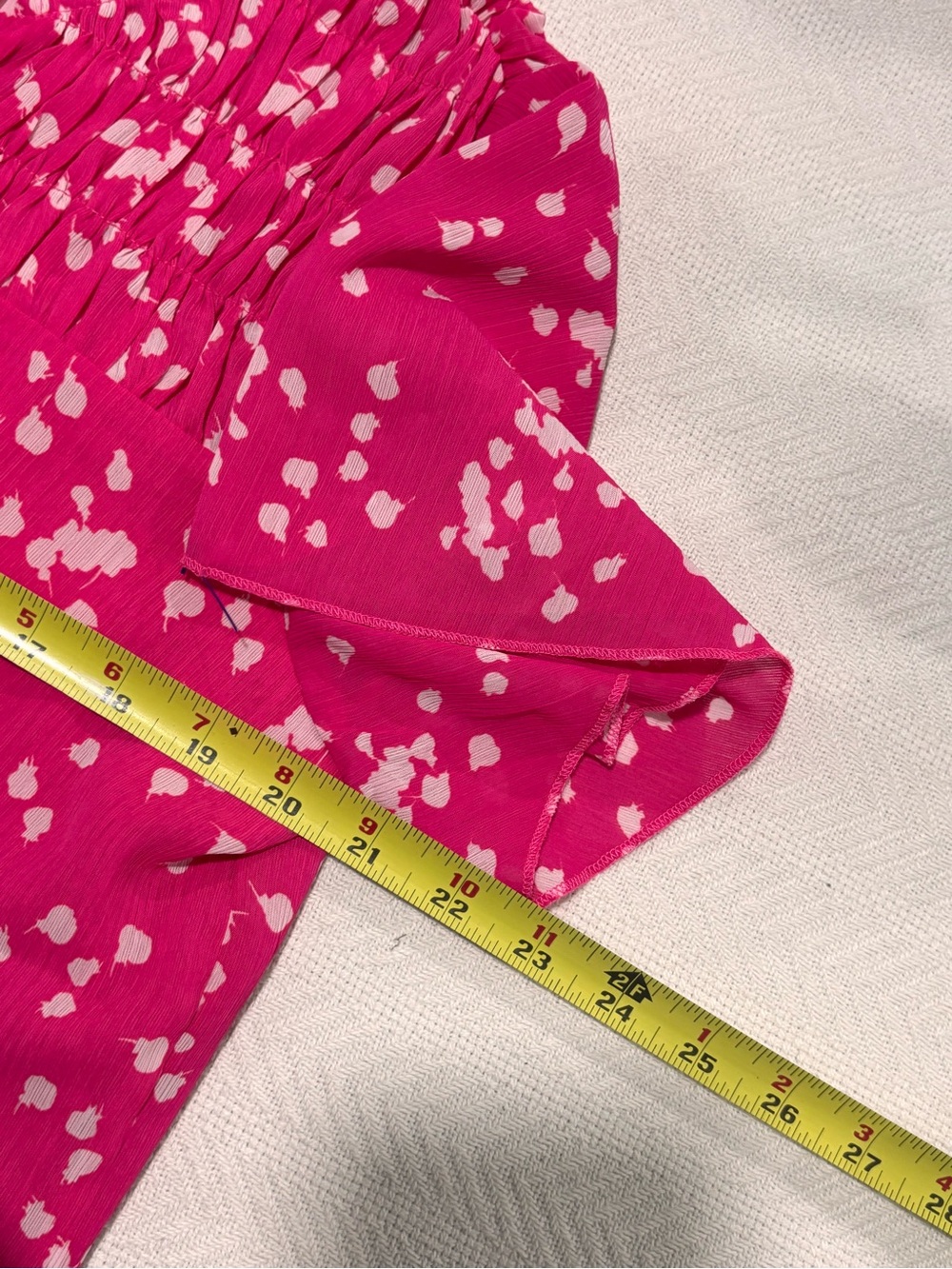 Flutter-Sleeve Smocked-Neck Blouse in Hot Pink - Picture 4 of 7